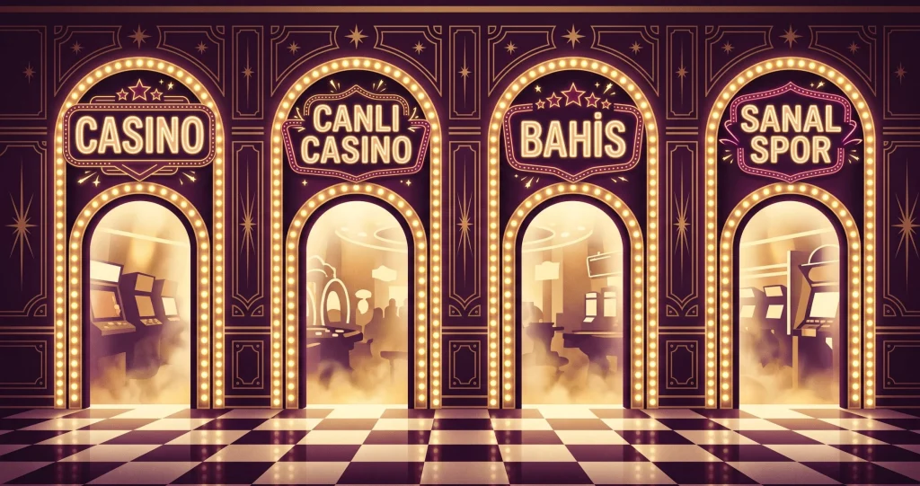 DaVegas oyunu lobisinde Casino, Canlı Casino, Bahis ve Sanal Spor tabelalı dört ışıklı kapı