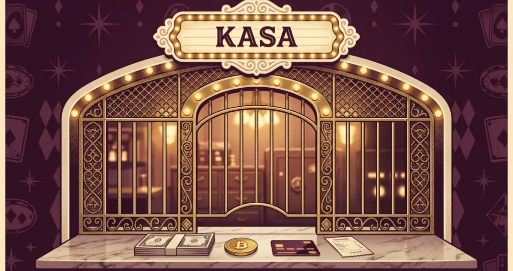 DaVegas para yatırma kasasında banknot, kripto para, kredi kartı ve makbuz duran mermer tezgâh